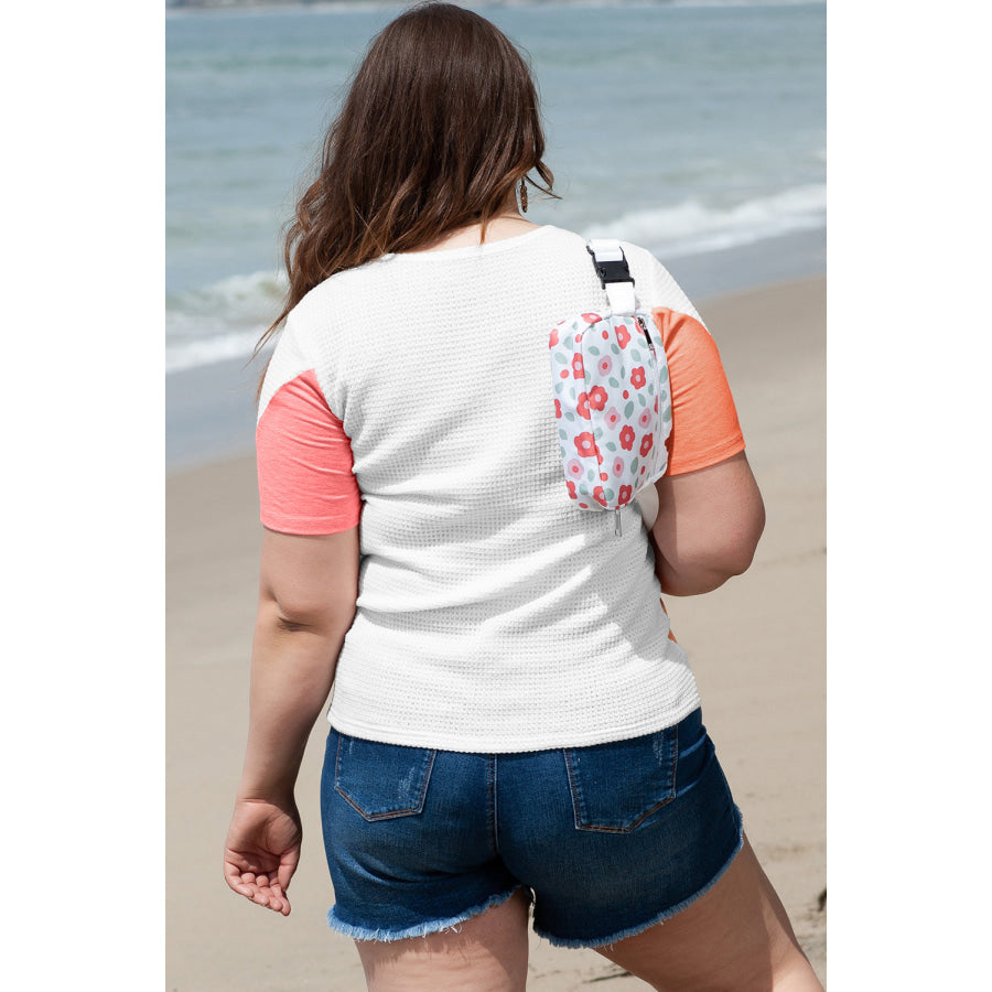 White Plus Size Colorblock Waffle Knit Tee White / 1X / 65% Polyester + 30% Viscose + 5% Elastane Plus Size/Plus Size Tops/Plus Size Tops &