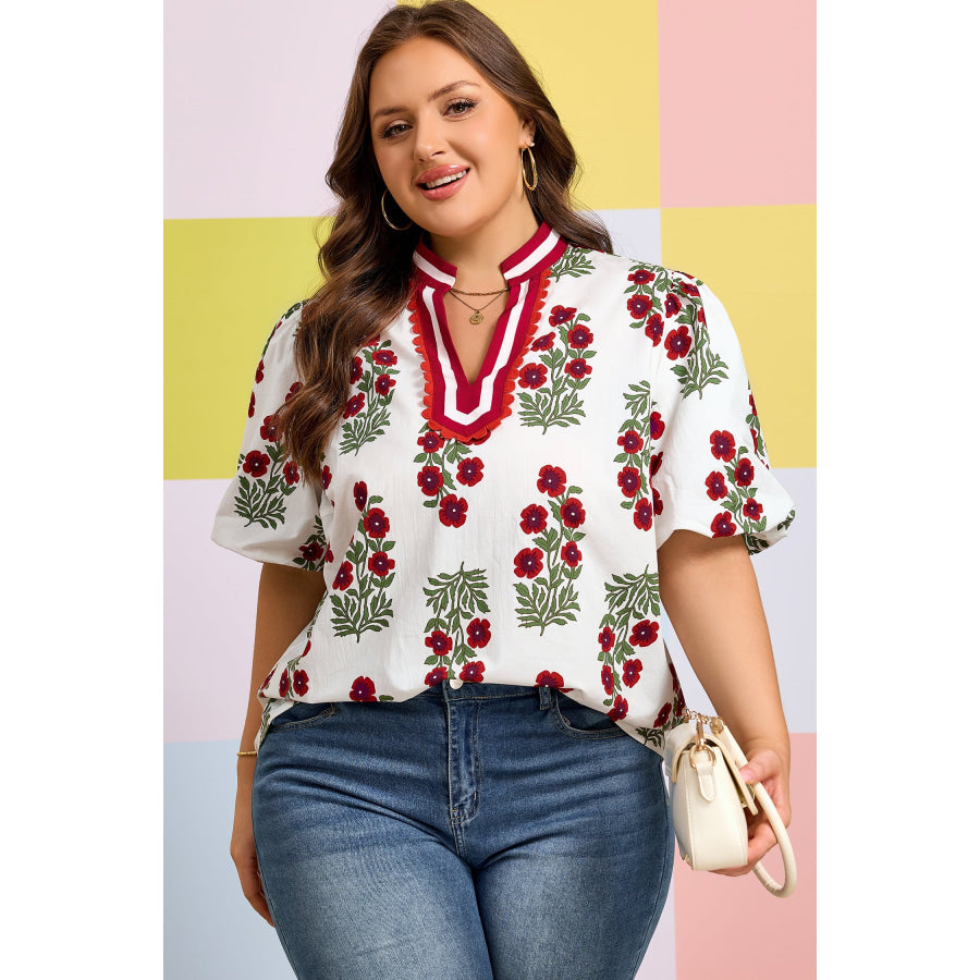 White Plus Size Floral Print Ricrac Striped Trim Short Sleeve Cotton Blouse White / 1X / 100% Cotton Plus Size/Plus Size Tops/Plus Size