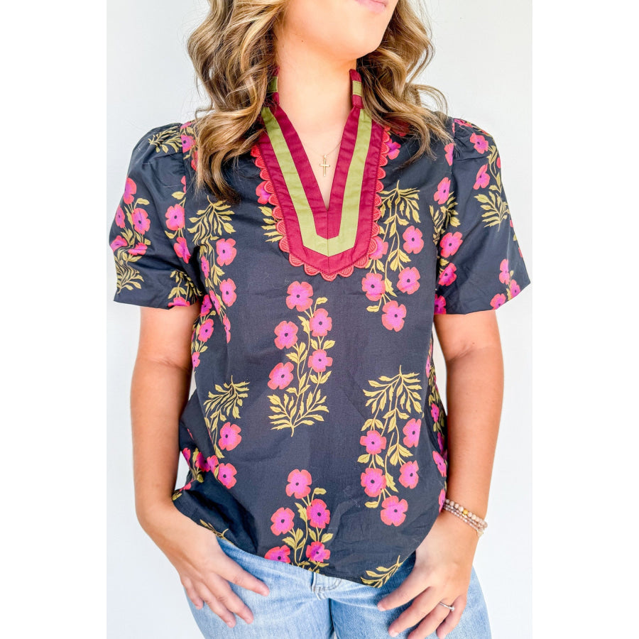 White Plus Size Floral Print Ricrac Striped Trim Short Sleeve Cotton Blouse Black / 1X / 100% Cotton Plus Size/Plus Size Tops/Plus Size
