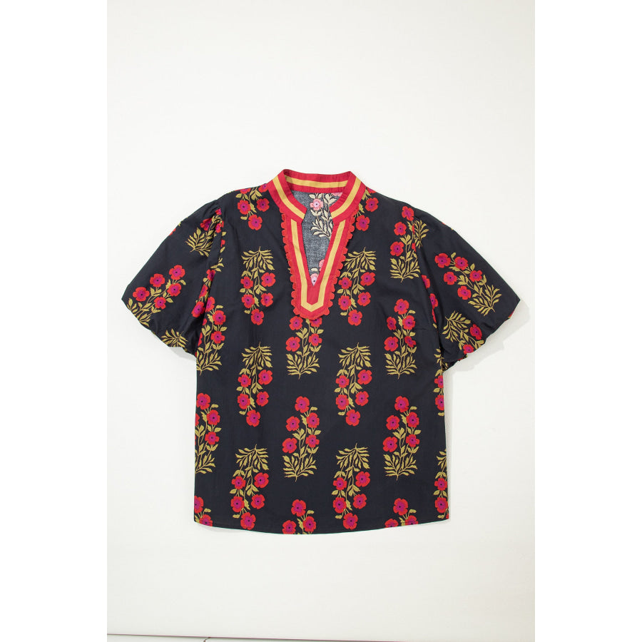 White Plus Size Floral Print Ricrac Striped Trim Short Sleeve Cotton Blouse Plus Size/Plus Size Tops/Plus Size Blouses & Shirts
