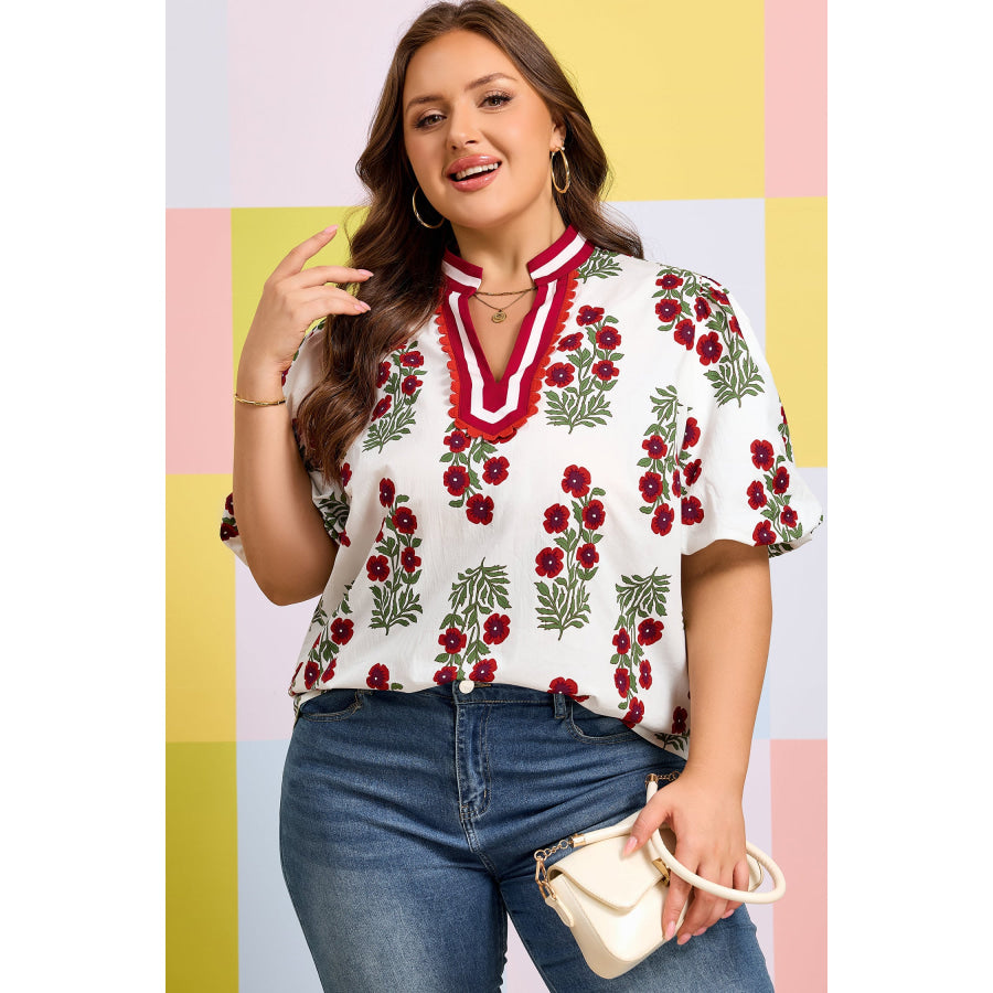White Plus Size Floral Print Ricrac Striped Trim Short Sleeve Cotton Blouse Plus Size/Plus Size Tops/Plus Size Blouses & Shirts