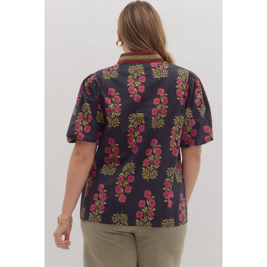 White Plus Size Floral Print Ricrac Striped Trim Short Sleeve Cotton Blouse Plus Size/Plus Size Tops/Plus Size Blouses & Shirts