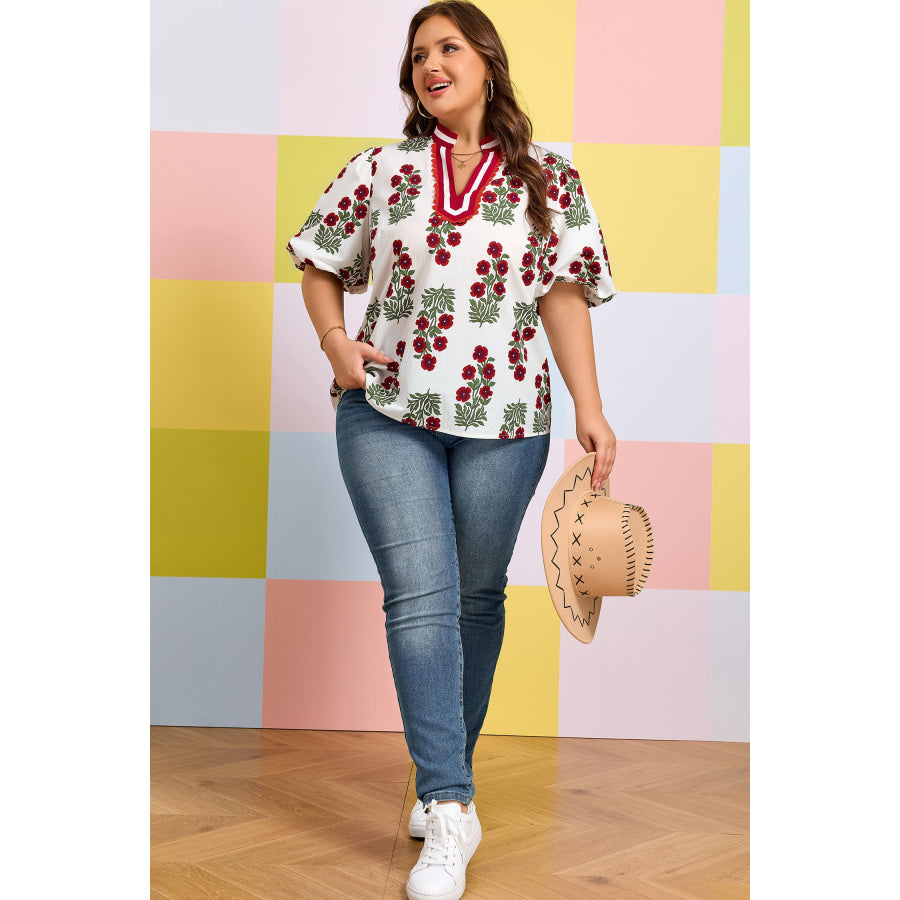 White Plus Size Floral Print Ricrac Striped Trim Short Sleeve Cotton Blouse Plus Size/Plus Size Tops/Plus Size Blouses & Shirts
