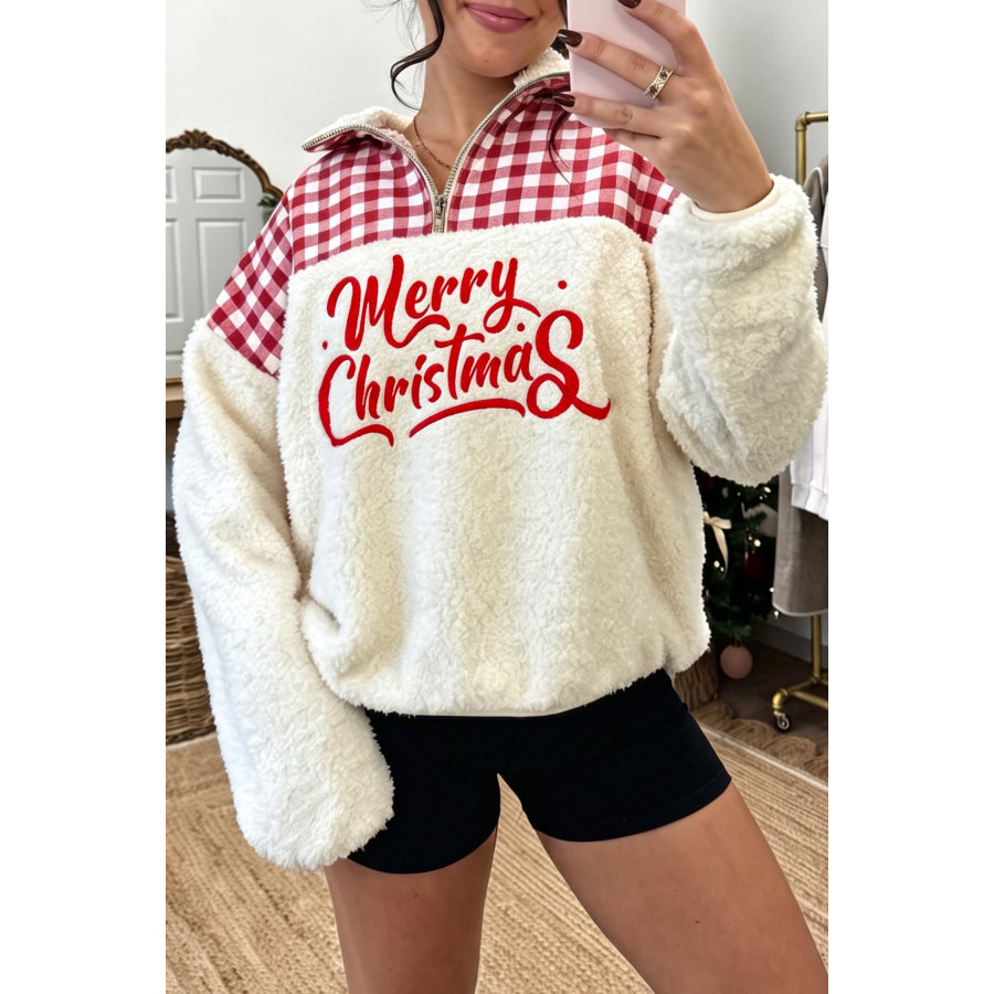 White Plush Plaid Patchwork Merry Christmas Baggy Sweatshirt / S Tops/Sweatshirts & Hoodies