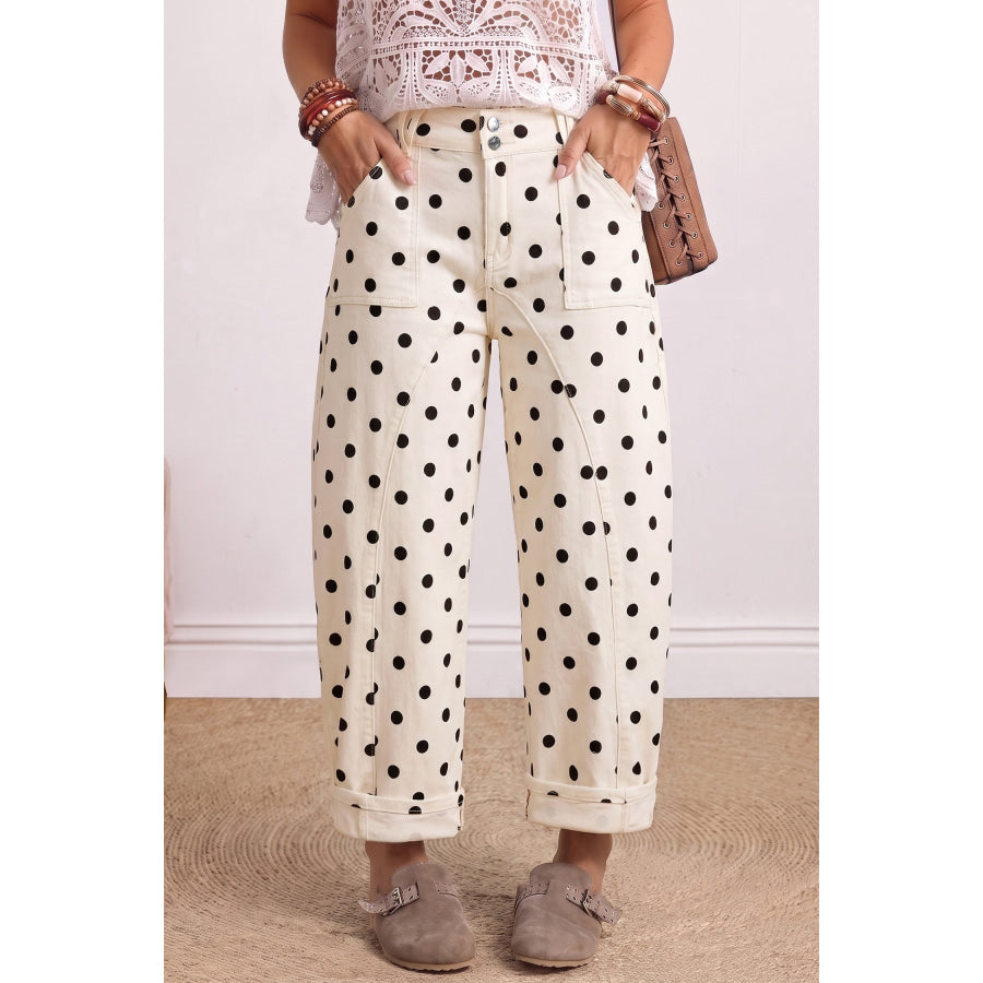 White Polka Dot Curved-Knife Ankle Denim Pants / 4 / 98% Cotton + 2% Elastane Bottoms/Jeans