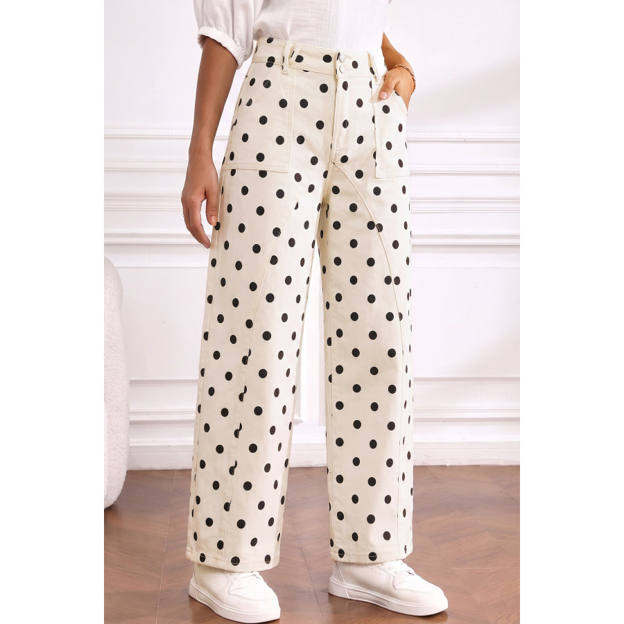 White Polka Dot Curved-Knife Ankle Denim Pants Bottoms/Jeans