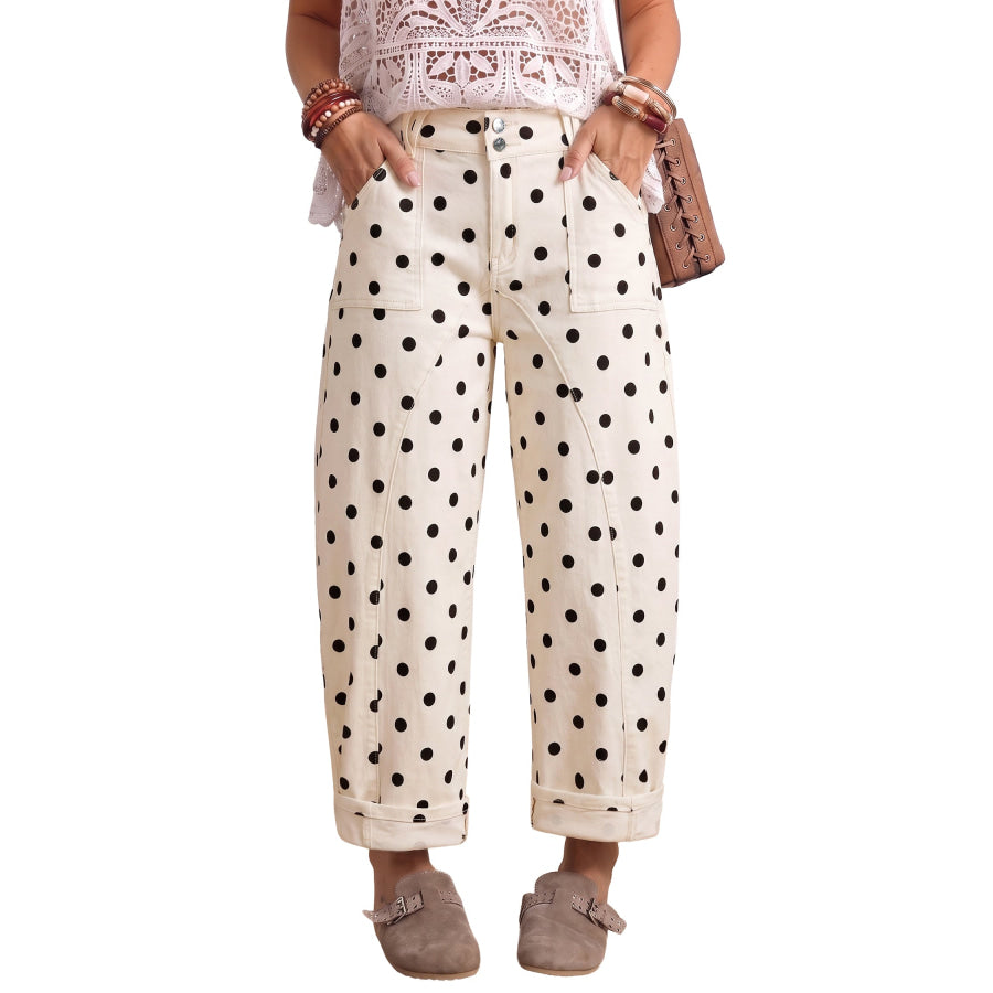 White Polka Dot Curved-Knife Ankle Denim Pants Bottoms/Jeans