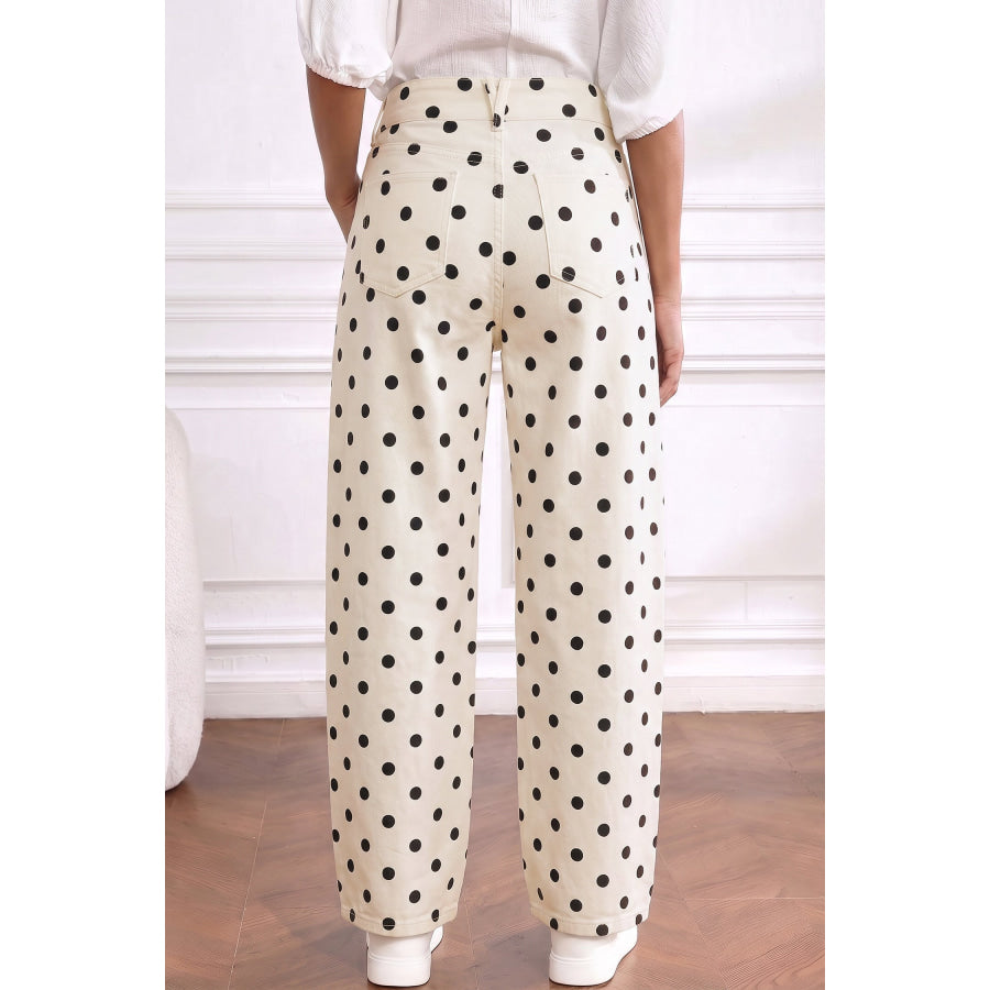 White Polka Dot Curved-Knife Ankle Denim Pants Bottoms/Jeans