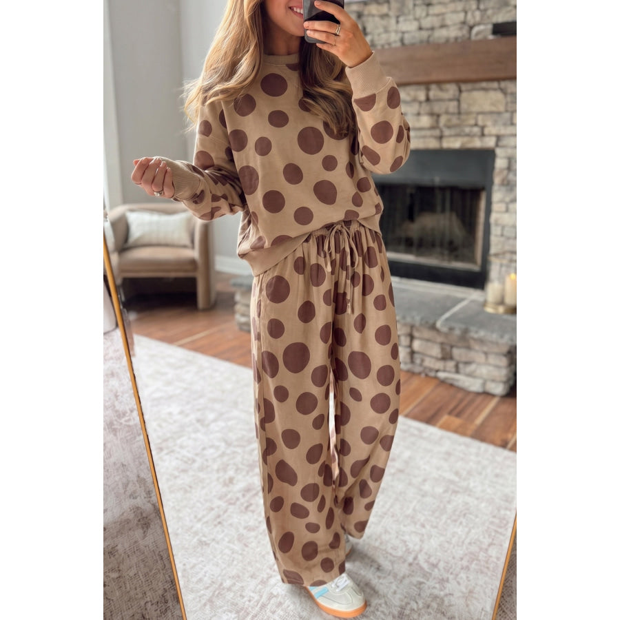 White Polka Dot Long Sleeve Top Drawstring Relaxed Pants Set White / S Two Piece Sets/Pant Sets