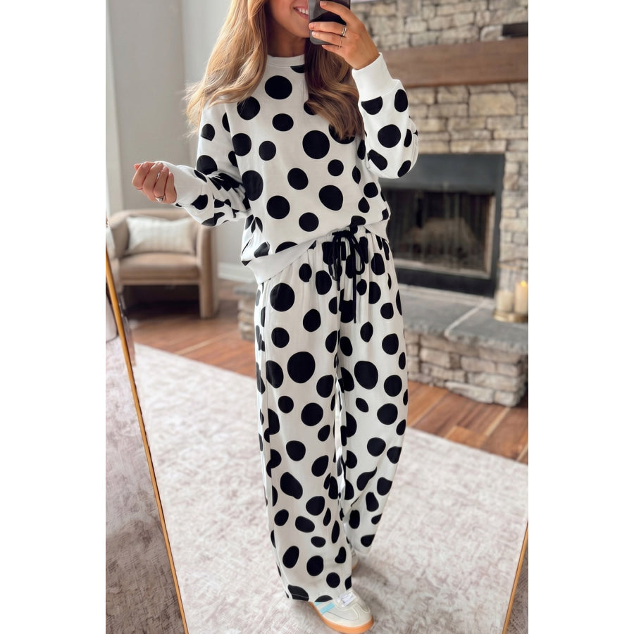 White Polka Dot Long Sleeve Top Drawstring Relaxed Pants Set White / S Two Piece Sets/Pant Sets