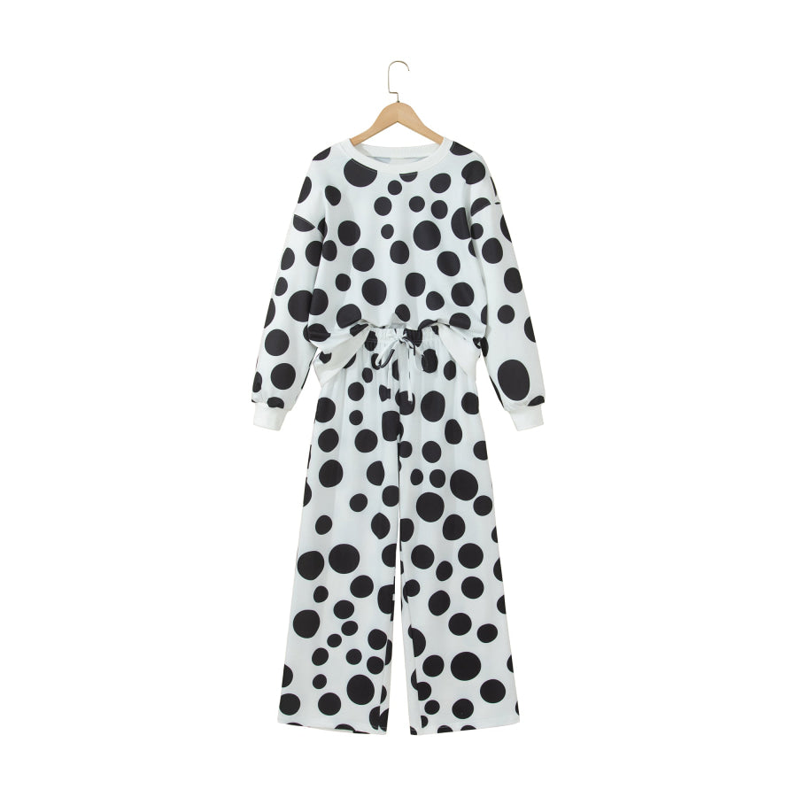 White Polka Dot Long Sleeve Top Drawstring Relaxed Pants Set Two Piece Sets/Pant Sets