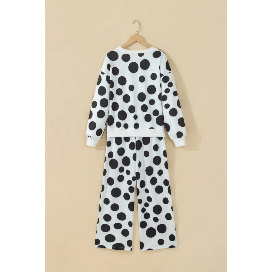 White Polka Dot Long Sleeve Top Drawstring Relaxed Pants Set Two Piece Sets/Pant Sets