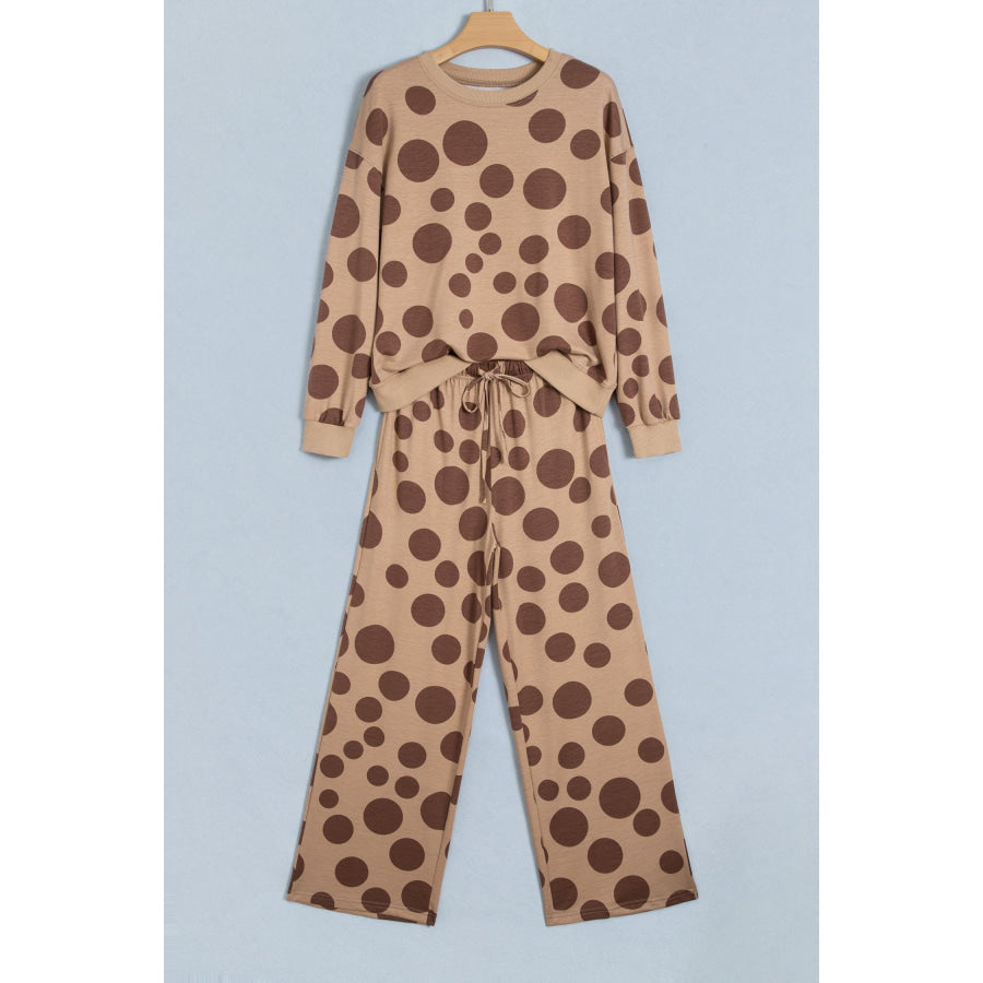 White Polka Dot Long Sleeve Top Drawstring Relaxed Pants Set Two Piece Sets/Pant Sets