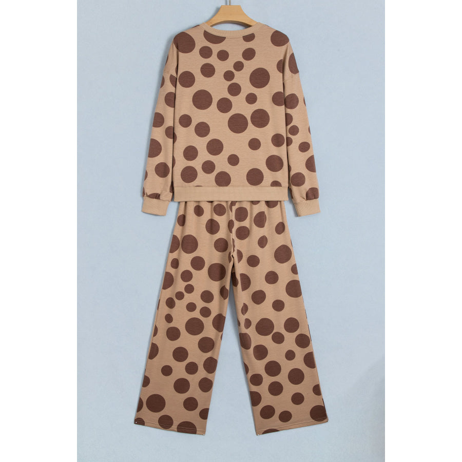 White Polka Dot Long Sleeve Top Drawstring Relaxed Pants Set Two Piece Sets/Pant Sets