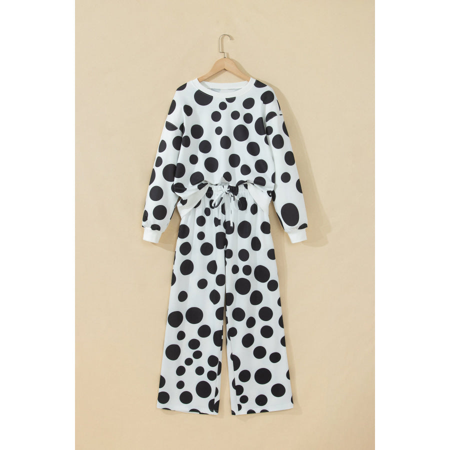 White Polka Dot Long Sleeve Top Drawstring Relaxed Pants Set Two Piece Sets/Pant Sets