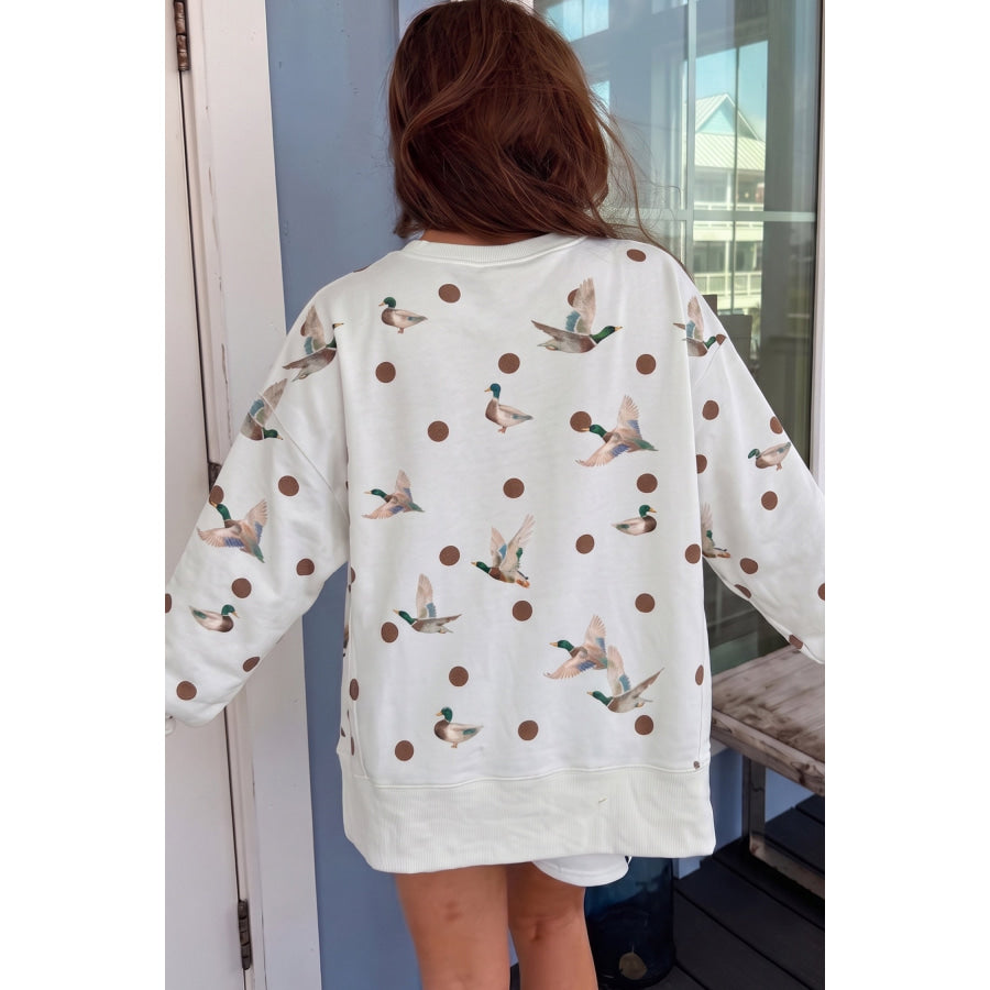 White Polka Dot Malard Print Oversized Pullover and Shorts 2pcs Set Two Piece Sets/Short Sets