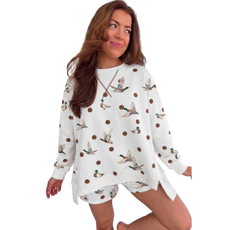 White Polka Dot Malard Print Oversized Pullover and Shorts 2pcs Set Two Piece Sets/Short Sets