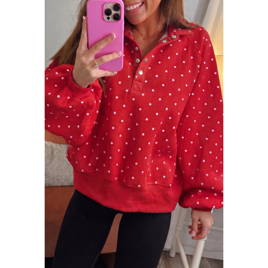 White Polka Dot Print Metal Button Collar Casual Pullover Sweatshirt Red / S / 100% Polyester Tops/Sweatshirts & Hoodies