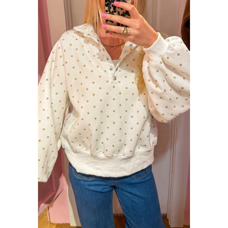 White Polka Dot Print Metal Button Collar Casual Pullover Sweatshirt / S / 100% Polyester Tops/Sweatshirts & Hoodies