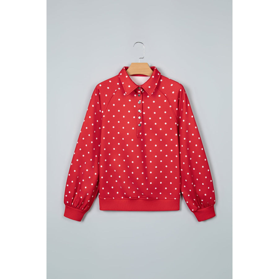 White Polka Dot Print Metal Button Collar Casual Pullover Sweatshirt Tops/Sweatshirts & Hoodies