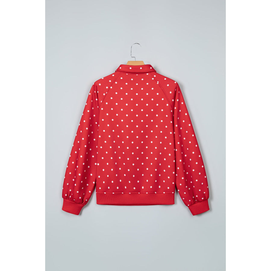 White Polka Dot Print Metal Button Collar Casual Pullover Sweatshirt Tops/Sweatshirts & Hoodies
