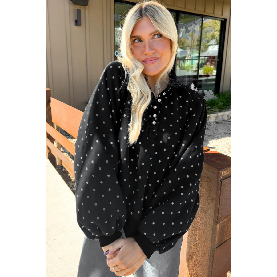 White Polka Dot Print Metal Button Collar Casual Pullover Sweatshirt Tops/Sweatshirts & Hoodies