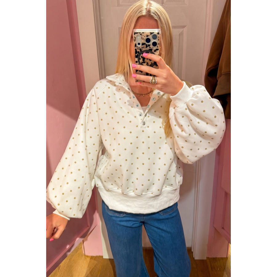 White Polka Dot Print Metal Button Collar Casual Pullover Sweatshirt Tops/Sweatshirts & Hoodies