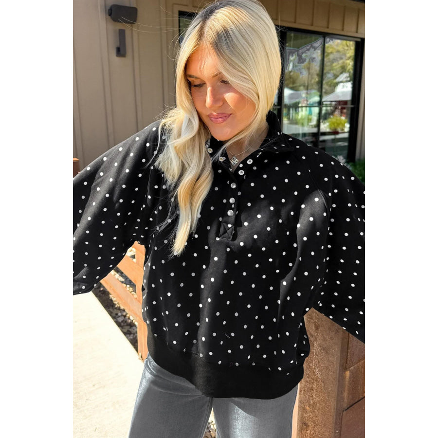 White Polka Dot Print Metal Button Collar Casual Pullover Sweatshirt Tops/Sweatshirts & Hoodies