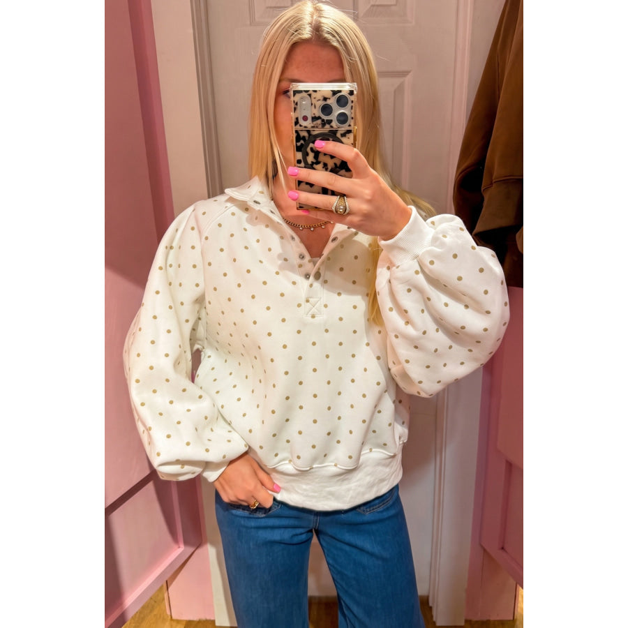 White Polka Dot Print Metal Button Collar Casual Pullover Sweatshirt Tops/Sweatshirts & Hoodies