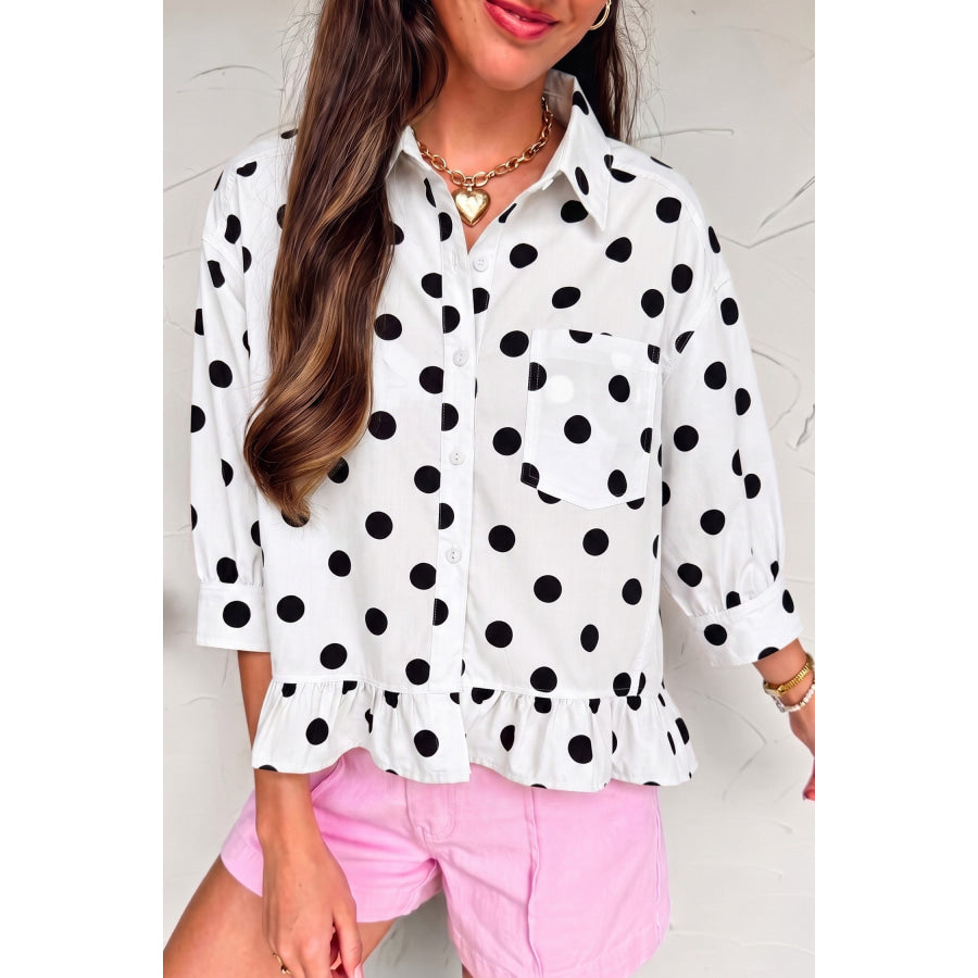 White Polka Dot Print Three Quarter Sleeve Ruffle Hem Casual Shirt White / S / 100% Polyester Tops/Blouses & Shirts