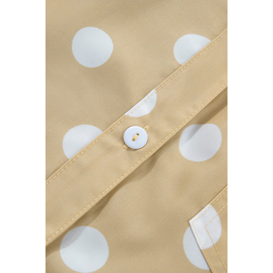 White Polka Dot Print Three Quarter Sleeve Ruffle Hem Casual Shirt Tops/Blouses & Shirts