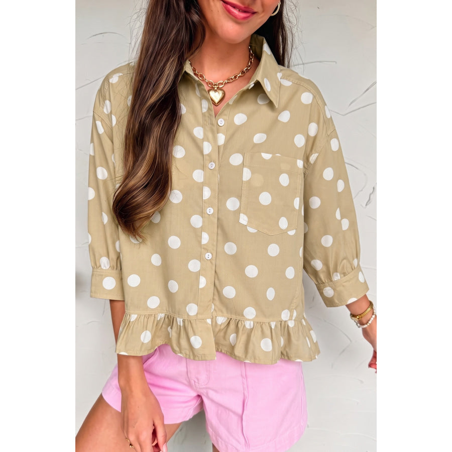 White Polka Dot Print Three Quarter Sleeve Ruffle Hem Casual Shirt Tops/Blouses & Shirts
