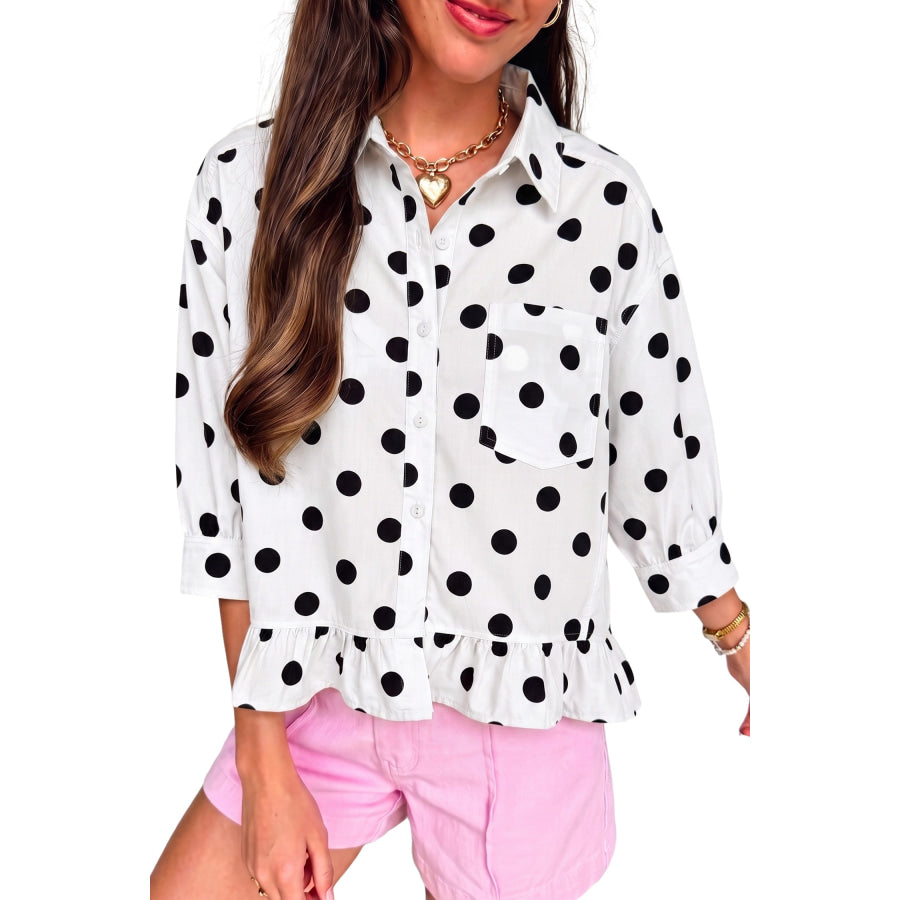White Polka Dot Print Three Quarter Sleeve Ruffle Hem Casual Shirt Tops/Blouses & Shirts
