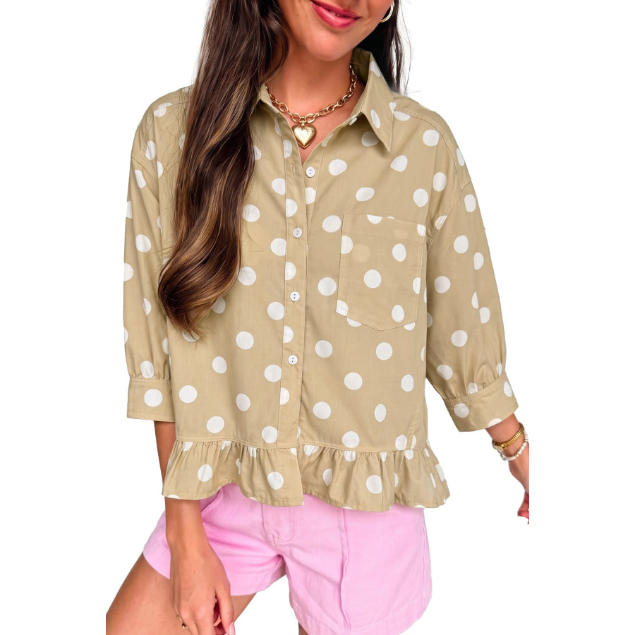 White Polka Dot Print Three Quarter Sleeve Ruffle Hem Casual Shirt Tops/Blouses & Shirts