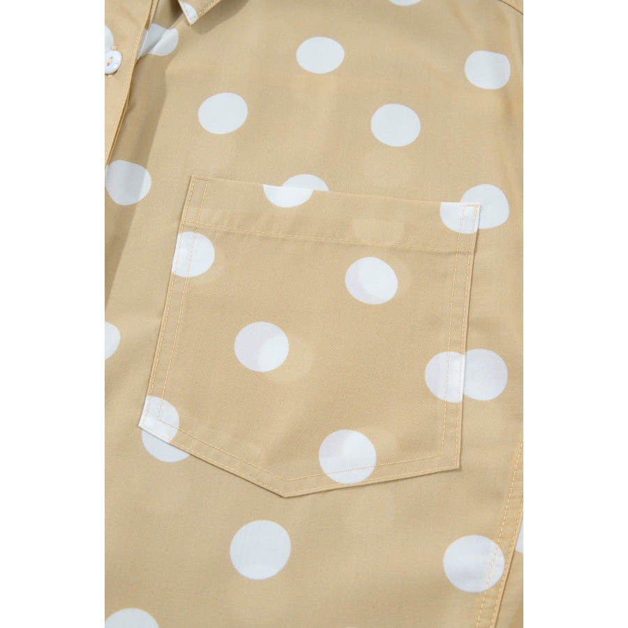 White Polka Dot Print Three Quarter Sleeve Ruffle Hem Casual Shirt Tops/Blouses & Shirts