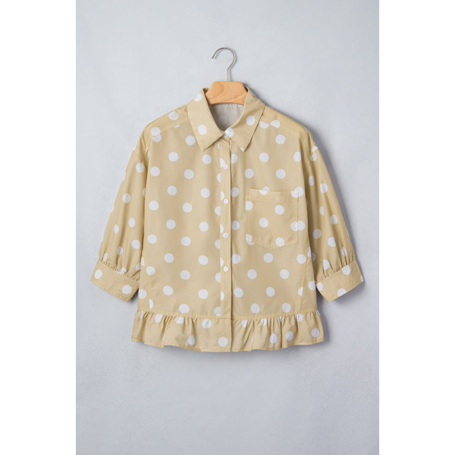 White Polka Dot Print Three Quarter Sleeve Ruffle Hem Casual Shirt Tops/Blouses & Shirts