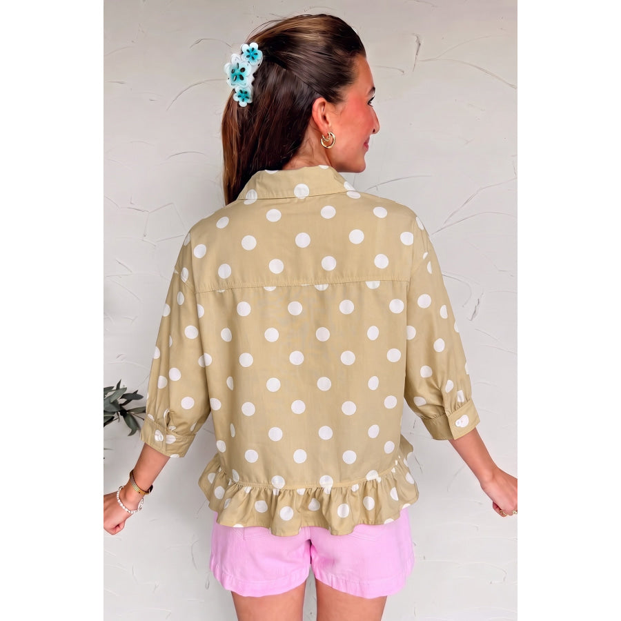 White Polka Dot Print Three Quarter Sleeve Ruffle Hem Casual Shirt Tops/Blouses & Shirts