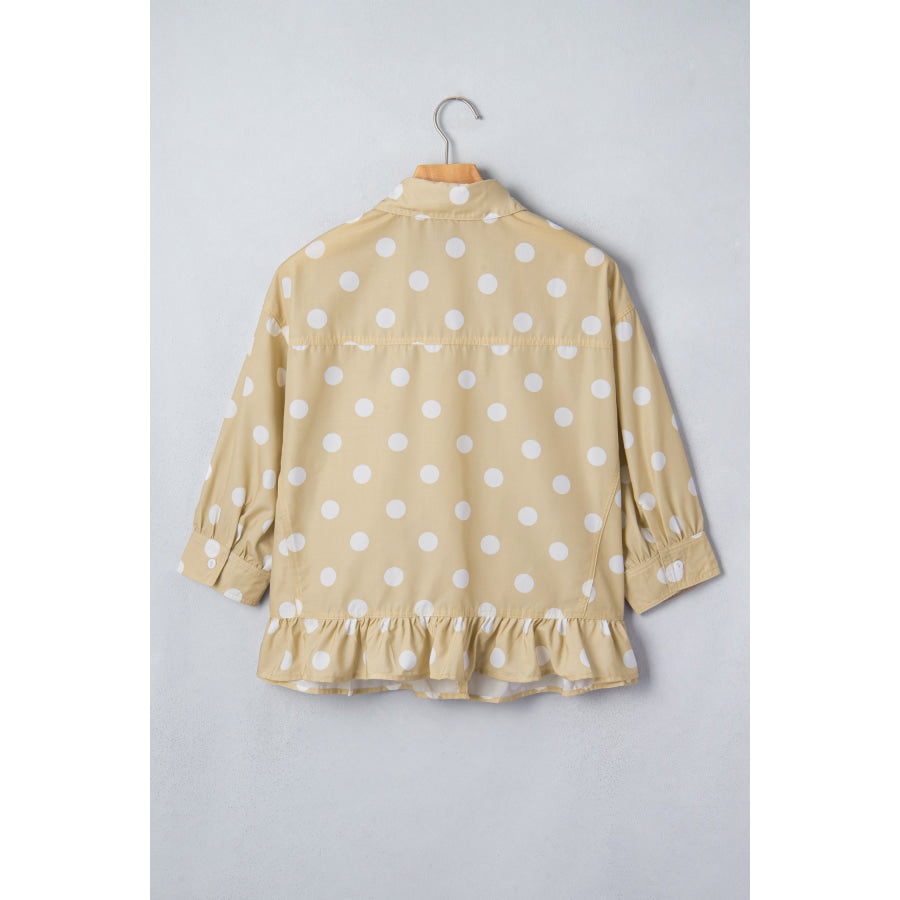 White Polka Dot Print Three Quarter Sleeve Ruffle Hem Casual Shirt Tops/Blouses & Shirts