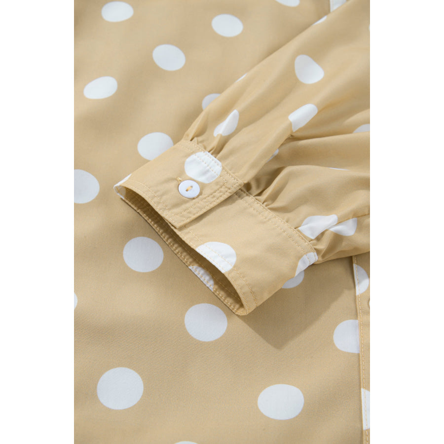 White Polka Dot Print Three Quarter Sleeve Ruffle Hem Casual Shirt Tops/Blouses & Shirts
