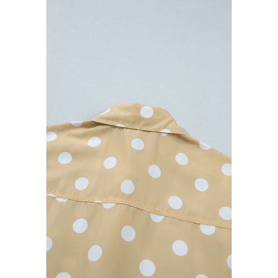 White Polka Dot Print Three Quarter Sleeve Ruffle Hem Casual Shirt Tops/Blouses & Shirts