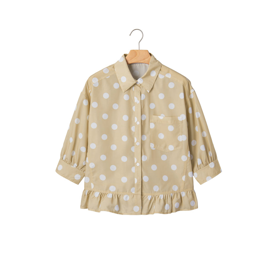White Polka Dot Print Three Quarter Sleeve Ruffle Hem Casual Shirt Tops/Blouses & Shirts