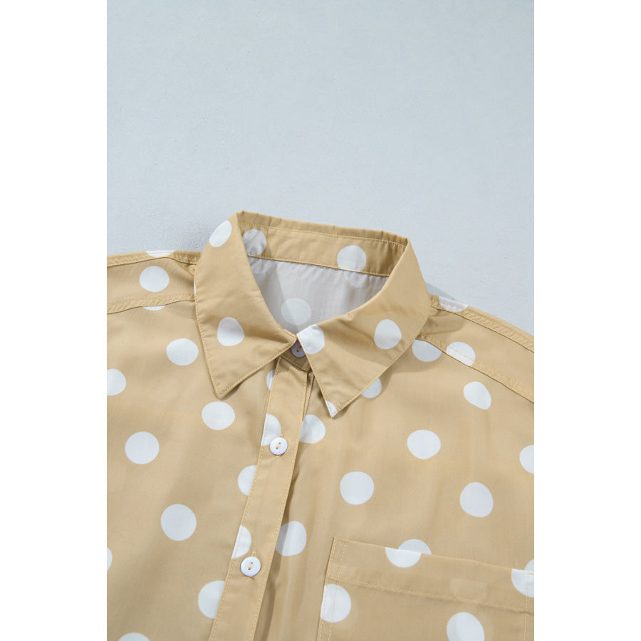White Polka Dot Print Three Quarter Sleeve Ruffle Hem Casual Shirt Tops/Blouses & Shirts