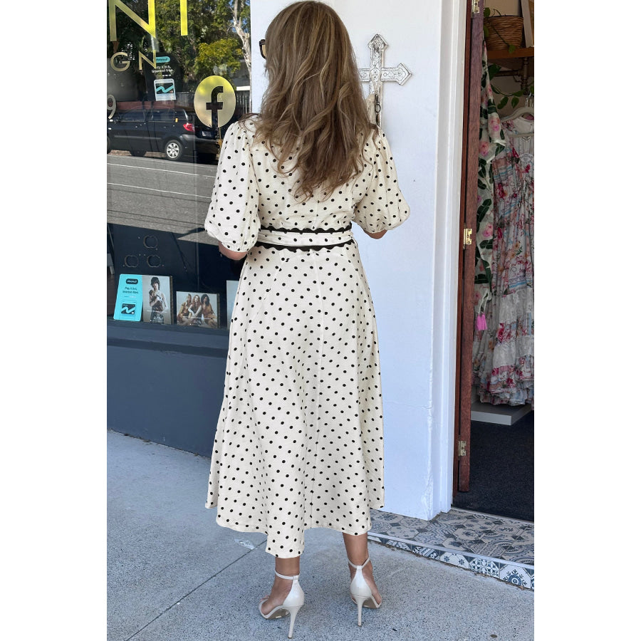 White Polka Dot Printed Contrast Scalloped Trim Shirt Collar Button Down Belted Midi Dress Dresses/Midi Dresses