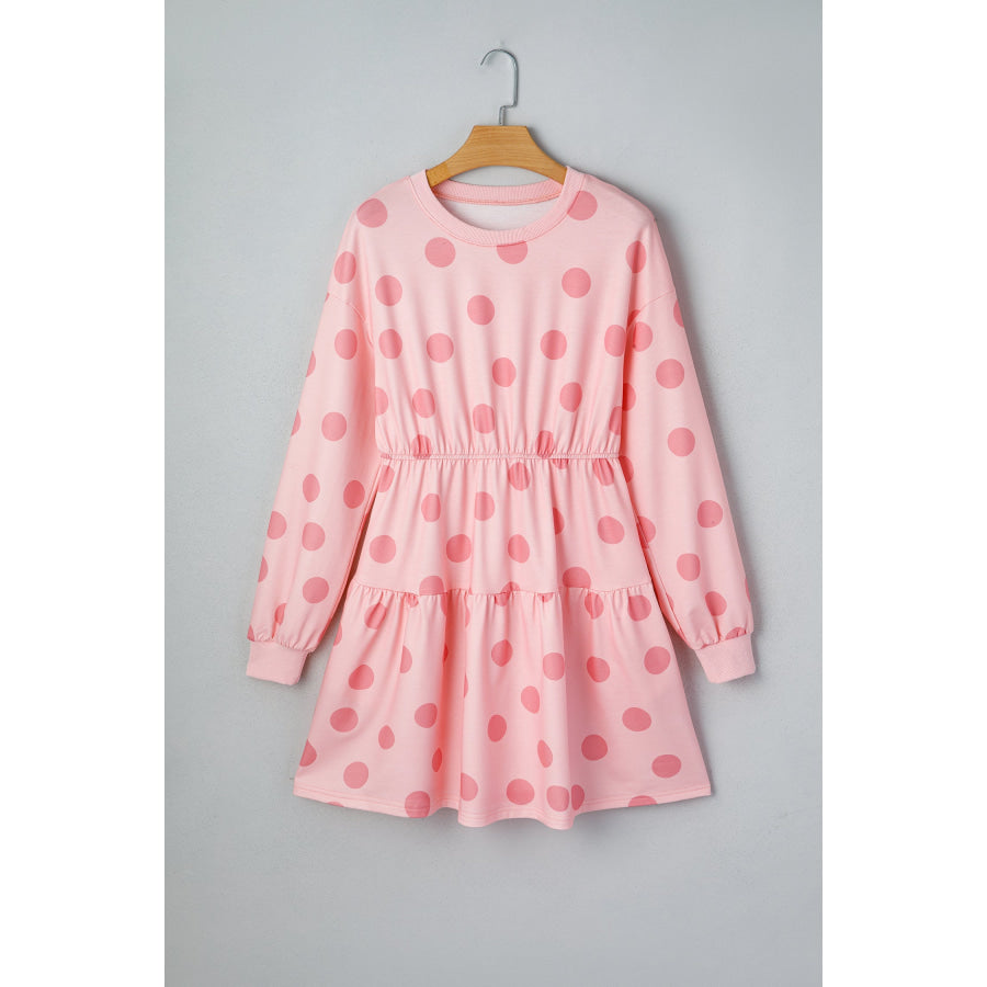 White Polka Dot Printed Long Sleeve Flared Mini Dress Dresses/Mini Dresses