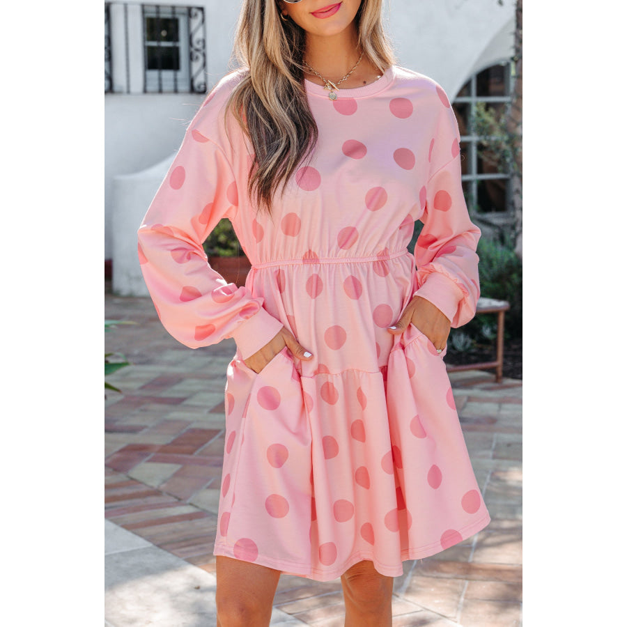 White Polka Dot Printed Long Sleeve Flared Mini Dress Dresses/Mini Dresses