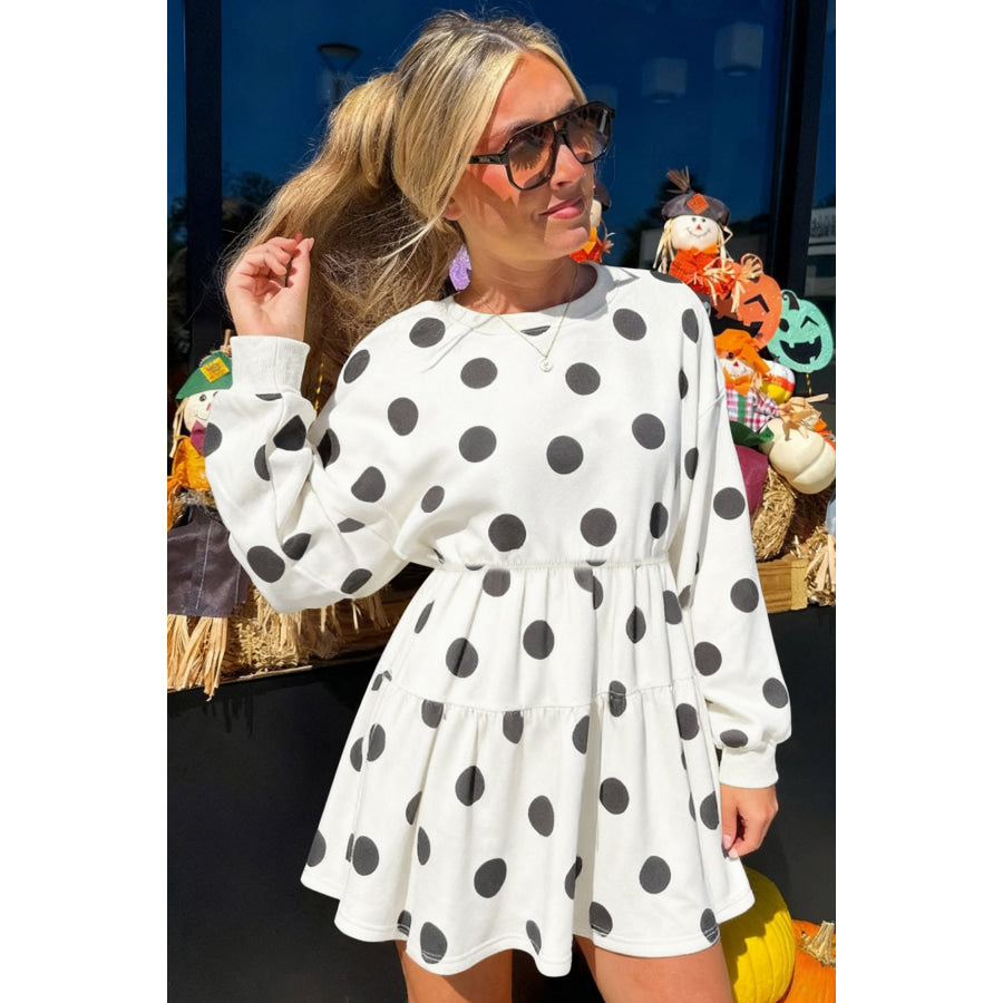 White Polka Dot Printed Long Sleeve Flared Mini Dress Dresses/Mini Dresses