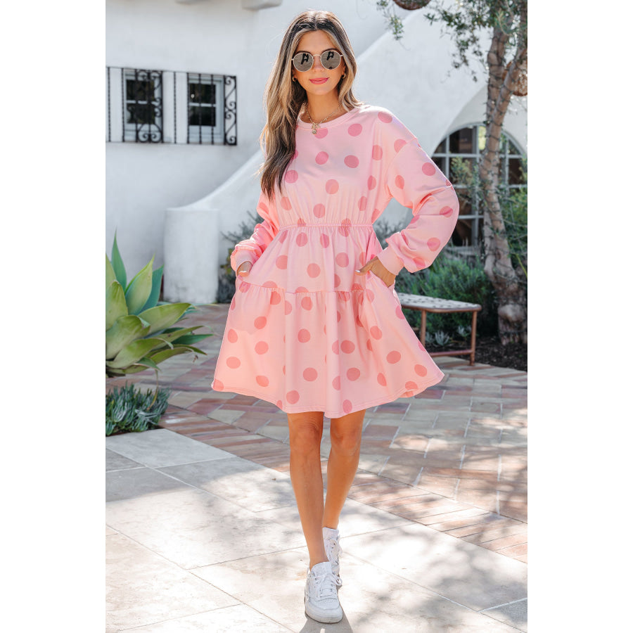 White Polka Dot Printed Long Sleeve Flared Mini Dress Dresses/Mini Dresses