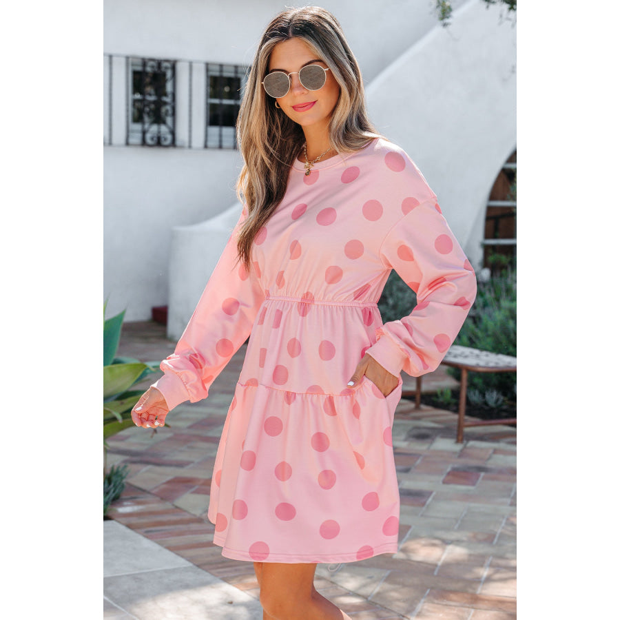 White Polka Dot Printed Long Sleeve Flared Mini Dress Dresses/Mini Dresses