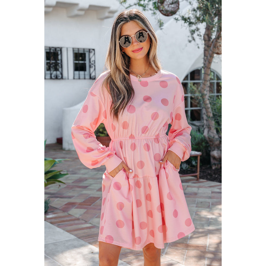 White Polka Dot Printed Long Sleeve Flared Mini Dress Dresses/Mini Dresses