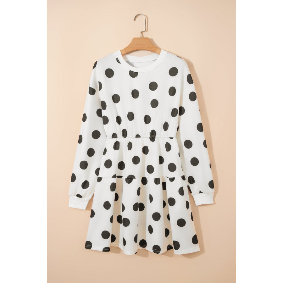 White Polka Dot Printed Long Sleeve Flared Mini Dress Dresses/Mini Dresses